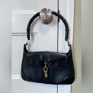 Auth🖤Vintage Gucci Black Leather Bamboo Shoulder Bag